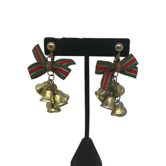 Vintage Christmas Jingle Bell Clip On Earrings Holiday Festive Bow Dangle Retro - Picture 1 of 11